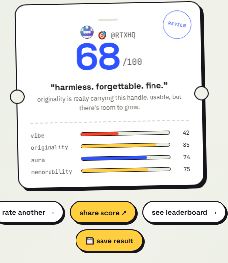Result card scoring @RTXHQ a 68/100 with the verdict 'harmless. forgettable. fine.'